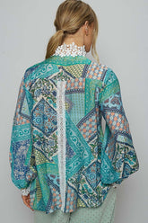 POL Lace Detail Printed Button Down Shirt OutfitFlow